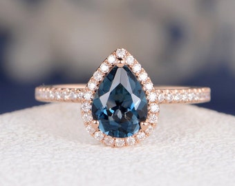 Rose Gold Engagement Ring London Blue Topaz Ring Diamond Pear Shaped Engagement Ring Birthstone 6x8mm Topaz Tear Drop Pear Cut Wedding Ring