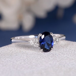 Lab Sapphire Engagement Ring White Gold Diamond Cluster Ring Oval Cut September Birthstone Bridal Wedding Anniversary Gift For Women Custom