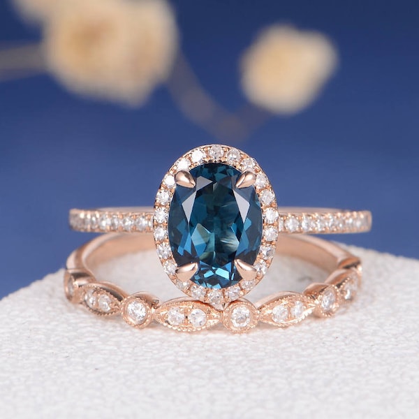 Oval Cut Engagement Ring Rose Gold  Bridal Sets London Blue Topaz Art Deco Wedding Band Women Diamond Ring Halo Birthstone Antique Ring 2pcs