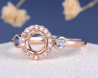 Antike Ring Einstellung Semi Mount Semi Setting Benutzerdefinierte Größe Form Milgrain Diamant Halo Blume Aquamarin Saphir Lünette Set Verlobungsring