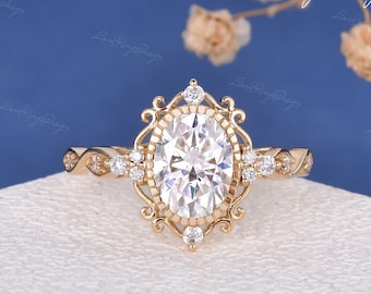 Vintage ovale geslepen Moissanite verlovingsring geel gouden diamanten bruidsring Vine ring clusterring unieke trouwring jubileumgeschenken