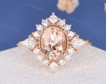 Unique Oval Cut Pink Morganite Engagement Ring Rose Gold Moissanite Ring Halo Ring Starburst Ring Kite Cut Bridal Anniversary Gift