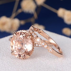 Art Deco Morganite Engagement Ring Wedding Band Women Rose Gold Bridal Set Antique Unique Oval Cut Wedding Ring Anniversary Stacking 2pcs image 1