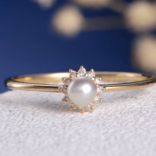 14k Gold Wedding Ring Pearl Engagement Ring CZ Diamond | Etsy