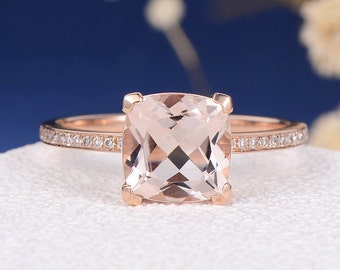 Cushion Cut Morganite Engagement Ring Rose Gold Simple Wedding Ring Diamond Retro Half Eternity Bridal Promise Anniversary Women Everyday