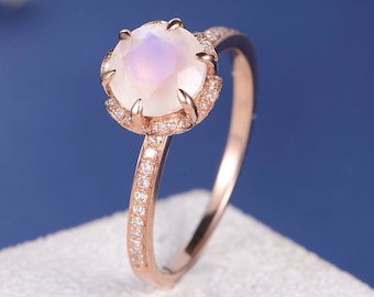 Moonstone Engagement Ring Unique Flower Diamond Floral Rose Gold Half Eternity Antique Art Deco Bridal Wedding Anniversary Retro Promise