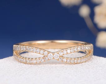 Infinity Wedding Band Women Diamond Stacking Eternity Ring Matching Band Cross X Shaped Gold Wedding Bridal Minimalist Simple Basic Everyday