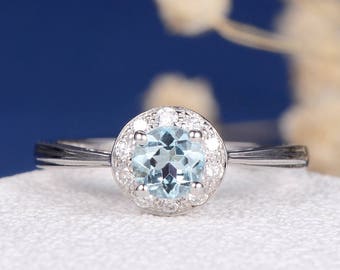 Aquamarine Engagement Ring Diamond Halo Wedding Bridal Ring White Gold March Birthstone Anniversary Promise Unique Birthday Women Everyday