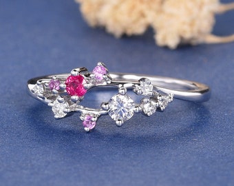 Custom Diamond Cluster Ring Unique Twig Ring Ruby Engagement Ring Floral Pink Sapphire Wedding Band Snowflake Rose Gold Flower Birthstone