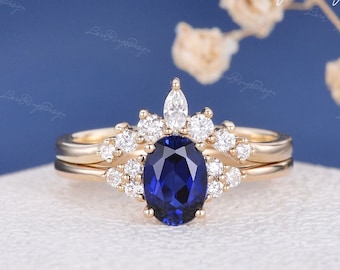 Oval Lab Sapphire Bridal Set Royal Blue Sapphire Lab Sapphire Engagement Ring Curved Cluster Band Antique Unique September Birthstone 2pcs