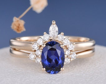 Oval Lab Sapphire Bridal Set Royal Blue Sapphire Lab Sapphire Engagement Ring Curved Cluster Band Antique Unique September Birthstone 2pcs