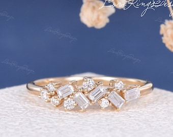 Bold Cluster Moissanite Wedding Ring Unique Baguette Wedding Band Women Yellow Gold Stacking Band Vintage Handmade Ring Dainty Ring