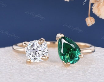 Cushion And Pear Cut Toi Et Moi Engagement Ring Moissanite Lab Emerald Two Stone Ring Custom Birthstone Ring 14K Yellow Gold You& Me Retro