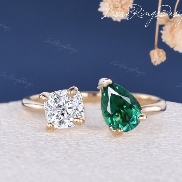 Cushion And Pear Cut Toi Et Moi Engagement Ring Moissanite Lab Emerald Two Stone Ring Custom Birthstone Ring 14K Yellow Gold You& Me Retro