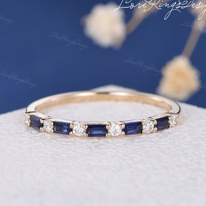 Lab Sapphire Ring Baguette Cut 14K White Gold Blue Sapphire Diamond Wedding Band Half Eternity Anniversary Stacking Ring Unique Gift For Her