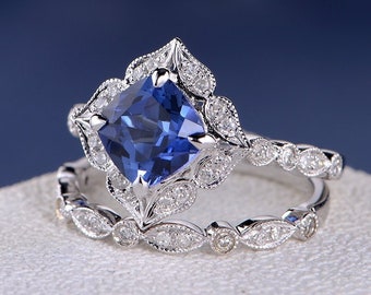 Lab Sapphire Bridal Set White Gold Flower Cushion Cut Sapphire Art Deco Retro Floral Diamond Women Wedding Band Eternity Ring Birthstone