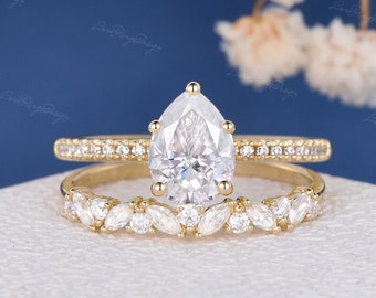 Pear Shaped Moissanite Engagement Ring Set Vintage Bridal Set 2PCS Yellow Gold Marquise Wedding Band Solitaire Ring Half Eternity Art Deco