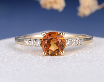 Citrine Engagement Ring Solitaire Yellow Gold Bridal Ring Wedding November Birthstone Simple Classic Side Stones Promise Gift Yellow Gems