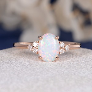 Lab White Opal Engagement Ring Unique Rose Gold Engagement Ring Antique Vintage Ring Cluster Ring Natural Diamond Women Anniversary 6x8mm