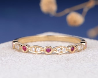 Art Deco Band Ruby Diamond Yellow Gold Band Antique Wedding Band Women Unique July Birthstone Stacking Anniversary Bridal Ring Natural Ruby