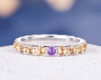 Citrine Wedding Band Women White Gold January February Birthstone Amethyst Stacking Eternity Family Anniversary Promise Multistone Engraving