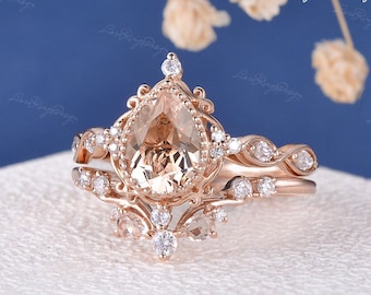 Vintage Morganite Engagement Ring Set Rose Gold Moissanite Bridal Set Unique Pear Shaped Morganite Ring Set Vine Floral Ring Gift For Her