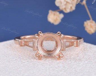 Unique Three Stone Engagement Ring Setting Tapered Baguette Diamond Ring Setting Rose Gold Semi Mount Personalized Jewelry Plain Gold Band