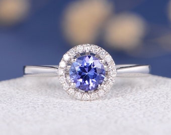 Tanzanite Engagement Ring Sun Minimalist Solitaire Ring Diamond Halo Plain Band 5.5mm Tanzanite Ring Birthstone Ring Anniversary Her Gift