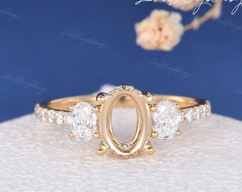 Unique Three Stone Engagement Ring Setting Hidden Halo Ring Setting Lab Grown Diamond Ring Yellow Gold Semi mount Half Etenity Band Stacking