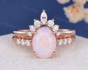 Antique Opal Engagement Ring Rose Gold Halo Unique Marquise Diamond Matching Wedding Band Women Cluster Ring Set Rainbow Oval Cut Opal 2pcs