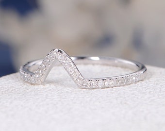 Diamond Chevron Ring Geometric Ring Wedding Band Women White Gold Matching Pave V Shaped Triangle Eternity Anniversary Promise Personalized