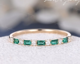 Emerald Wedding Band 14K Yellow Gold Eternity Ring Band Baguette Emerald Diamond Ring Vintage Delicate Stacking Ring Anniversary Ring Women