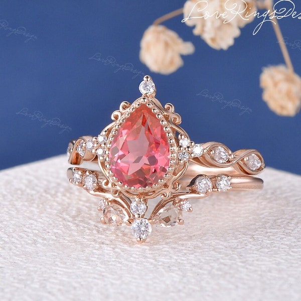 Vintage Peach Sapphire Engagement Ring Set Rose Gold Pear Shaped Padparadscha Sapphire Ring Unique Moissanite Bridal Set Vine Promise Ring