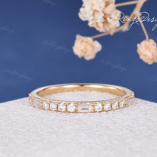 Dainty Baguette and Round Colorless Moissanite Wedding Band Yellow Gold Moissanite Ring Half Eternity Band Stacking Band Ring Promise Ring