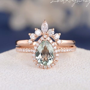 Green Beryl Engagement Ring Pear Shaped Bridal Set 2pcs Rose Gold White Ring Green Aquamarine Diamond Moissanite Halo Stacking Birthstone