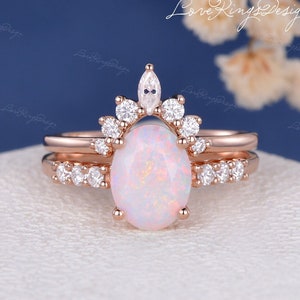 Antique Opal Engagement Ring Rose Gold Halo Unique Marquise Diamond Matching Wedding Band Women Cluster Ring Set Rainbow Oval Cut Opal 2pcs