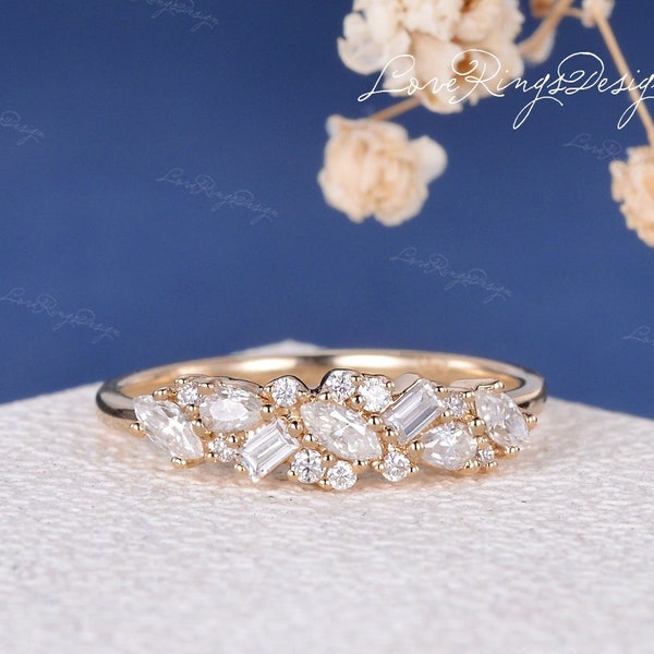 Mixed Stone Moissanite Wedding Band Women Marquise and Baguette Wedding Band Yellow Gold Cluster Ring Unique Bridal Ring Anniversary Gift