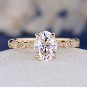 2ct Moissanite Ring Art Deco Oval Cut Moissanite Engagement Ring Rose Gold 7x9mm Antique Solitaire Unique Anniversary Promise Women Diamond image 1