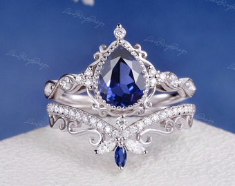 Vintage Pear Blue Sapphire Engagement Ring Set 2pcs White Gold Sapphire Ring Unique Bridal Set Moissanite Ring Flower Vine Ring Milgrain