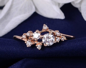 4mm Diamond Engagement Ring Diamond Cluster Ring Rose Gold Twig Unique Floral Wedding Band Snowflake Flower Gift Anniversary Promise Women