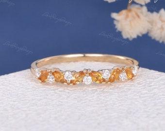 Marquise Citrine Round Moissanite wedding band Yellow gold Citrine wedding ring dainty ring anniversary ring gift for her birthstone ring