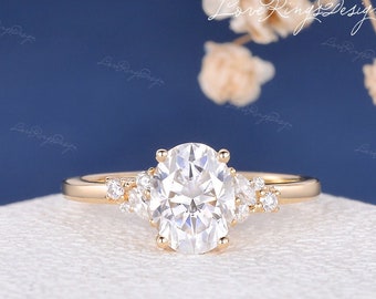 Vintage ovale Moissanite anello di fidanzamento oro giallo Marquise Cluster anello nuziale anello solitario nuziale delicato anniversario regalo per lei