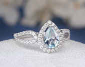 Antique Aquamarine Engagement Ring 5x7mm White Gold Engagement Ring Retro Vintage Women Ring Pear Cut Anniversary Gift March Birthstone