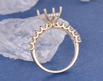 Unique Emerald Cut Engagement Ring Setting Custom Moissanite Ring Setting Yellow Gold Solitaire Semi Mount Hidden Halo Ring Milgrain