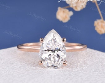 1.5/2/3ct Pear Shaped Moissanite Engagement Ring Hidden Halo Ring Rose Gold Solitaire Wedding Ring Stackable ring Minimalist Promise Ring