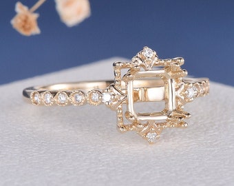 Art Deco Custom Ring Setting Princess Cut Square Semi Mount Yellow Gold Ring Setting Antique Gold Engagement Ring Setting Solitaire