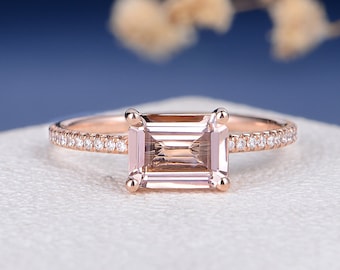 6x8mm Emerald Cut Morganite Engagement Ring Rose Gold Diamond Full Eternity Ring Horizontally Set Ring East West Classic Four Prongs Ring