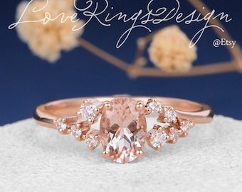 Cluster Ring Morganite Engagement Ring Morganite Ring Rose Gold Oval Cut Antique Wedding Bridal Diamond Unique Women Ring Anniversary