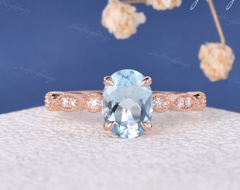 Unique Oval Shaped Aquamarine Engagement Ring Rose Gold Aquamarine Solitaire Ring Art Deco Moissanite Ring Anniversary Gift Birthstone