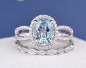 Oval Aquamarine Bridal Set 2pcs White Gold Oval Halo Ring Art Deco Wedding Infinity Split Shank March Birthstone Triple Halo Paved Ring